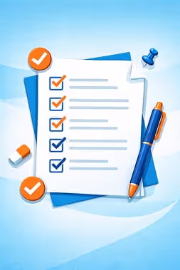 Illustration of a paper checklist with multiple checked boxes, shown with a pen and office items