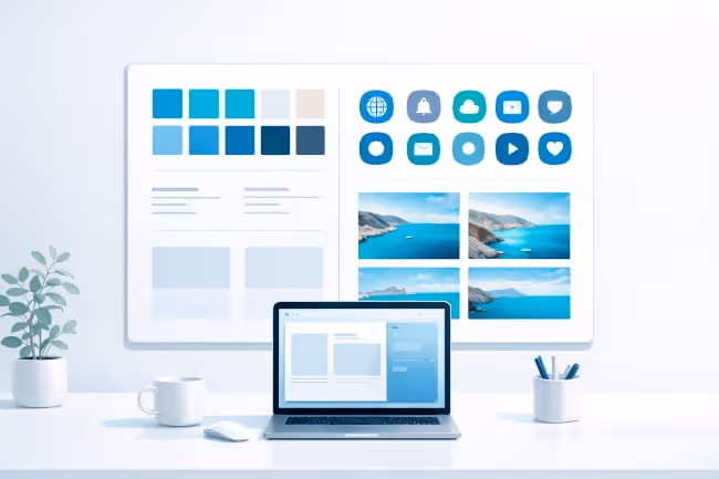 Minimal desk setup with a laptop and large monitor displaying web design mockups, color swatches, icons, and photo tiles.