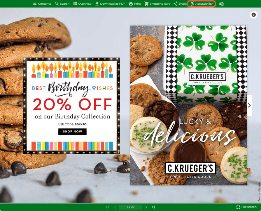 Flipbook interface with an advertising banner on the left and the Accessibility button highlighted i