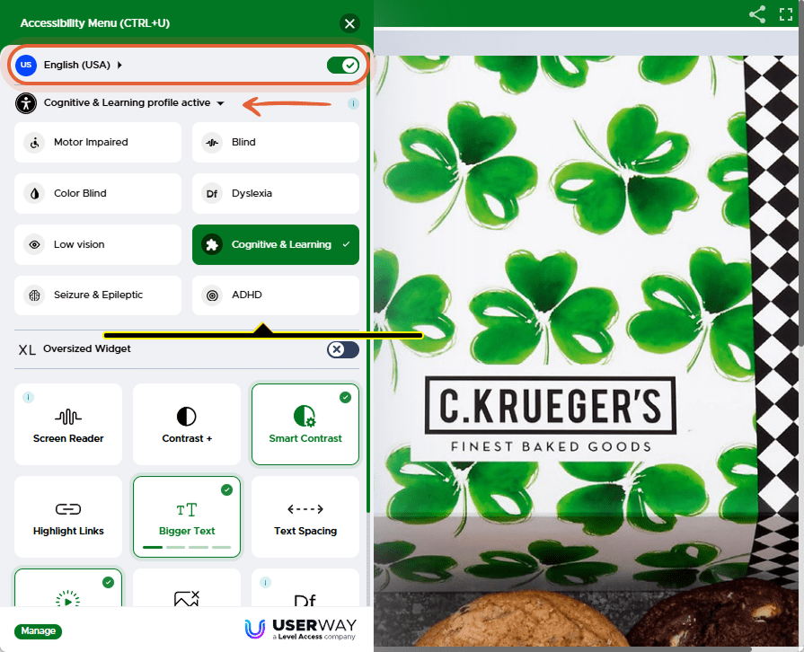 Accessibility menu opened in the flipbook, displaying options like screen reader, contrast, dyslexia