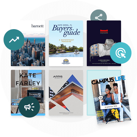 Collection of digital publications representing performance tracking, sharing, and engagement analyt Collection of digital publications representing performance tracking, sharing, and engagement analyt