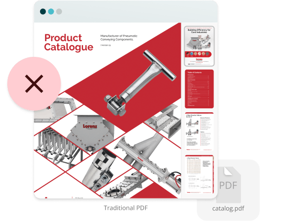 Static industrial product catalog with a broken link icon — illustrating how Paperturn helps manufacturers avoid outdated PDFs, broken links, and lost orders with live digital catalogs. Static industrial product catalog with a broken link icon — illustrating how Paperturn helps manufacturers avoid outdated PDFs, broken links, and lost orders with live digital catalogs.