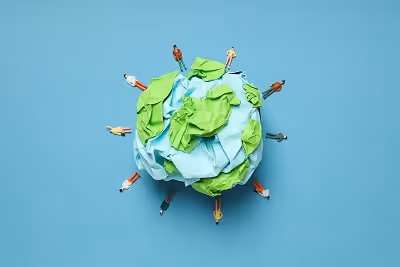 Planet Earth with characters around it