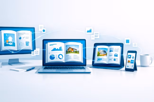 illustration of a digital workspace with an open flipbook shown across desktop, laptop, tablet, and phone screens, connected by glowing interface lines in a clean blue-and-white SaaS style. illustration of a digital workspace with an open flipbook shown across desktop, laptop, tablet, and phone screens, connected by glowing interface lines in a clean blue-and-white SaaS style.