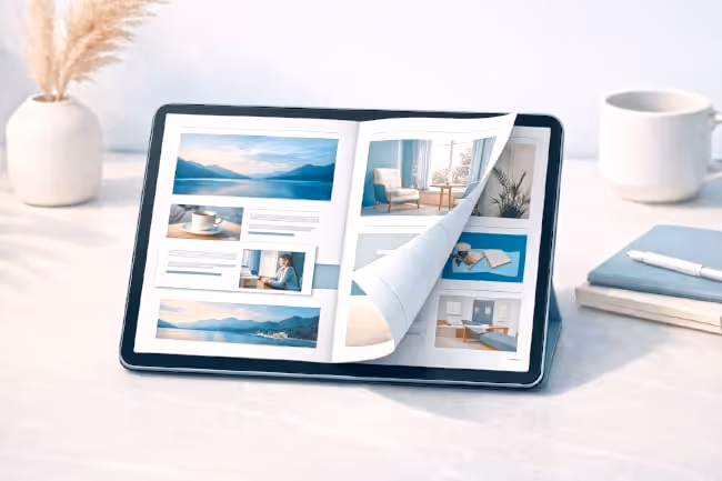 Tablet displaying an open digital flipbook magazine on a clean desk, with soft blue-toned pages, a curled page-turn effect, and minimal workspace items in gentle natural light. Tablet displaying an open digital flipbook magazine on a clean desk, with soft blue-toned pages, a curled page-turn effect, and minimal workspace items in gentle natural light.