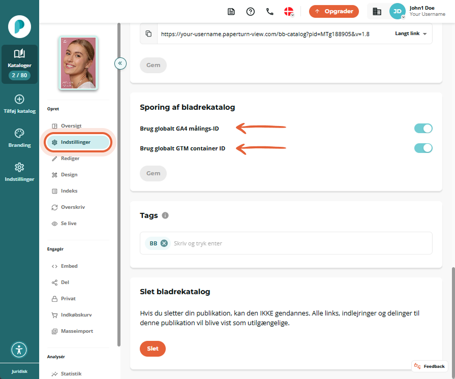 Abschnitt Flipbook Tracking mit aktivierten Schaltern Globale GA4 Mess ID verwenden und Globalen GTM