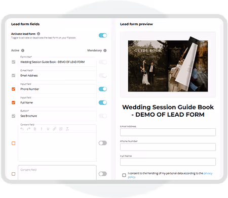 Interface du générateur de formulaires de leads Paperturn montrant des champs modifiables et un aperçu en direct pour des publications numériques…