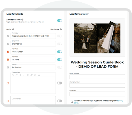 Paperturn lead form builder interface showing editable fields and live preview for digital publicati Paperturn lead form builder interface showing editable fields and live preview for digital publicati