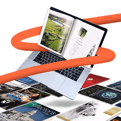 An open flipbook on a laptop surrounded by flipbooks
