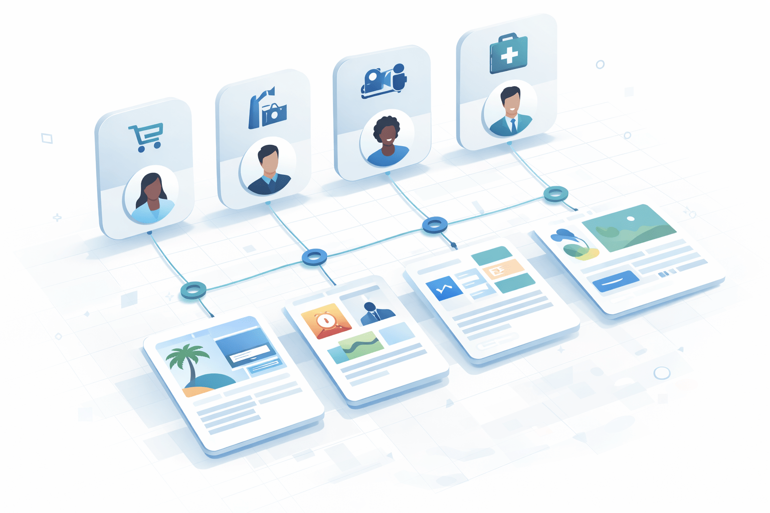 Illustration of a customer journey with audience segments connected to personalized content and marketing messages.
