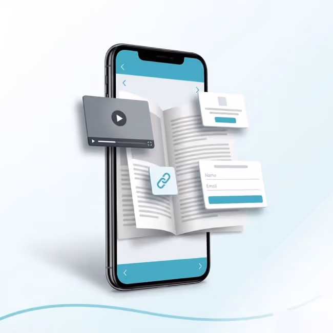 A phone showing a flipbook with a video panel, link icon, pop-up card and lead form floating out of the screen. A phone showing a flipbook with a video panel, link icon, pop-up card and lead form floating out of the screen.
