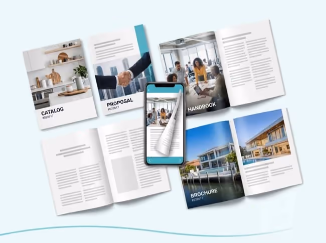 Overhead view of a catalog, proposal, handbook and property brochure, with a phone showing one as a flipbook. Overhead view of a catalog, proposal, handbook and property brochure, with a phone showing one as a flipbook.