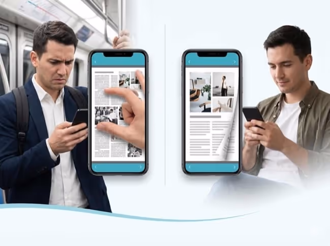 Left: a frustrated commuter zooming a cramped PDF on a phone. Right: a relaxed reader on a clean digital magazine. Left: a frustrated commuter zooming a cramped PDF on a phone. Right: a relaxed reader on a clean digital magazine.