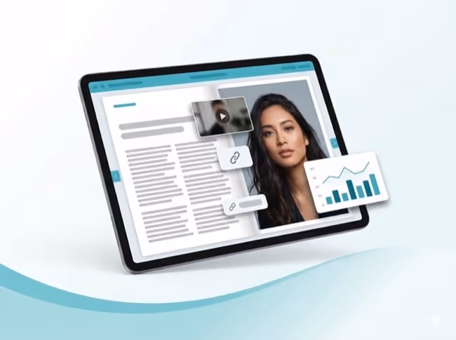 A tablet shows a digital magazine article with a video clip, link buttons, and an engagement chart floating beside it.