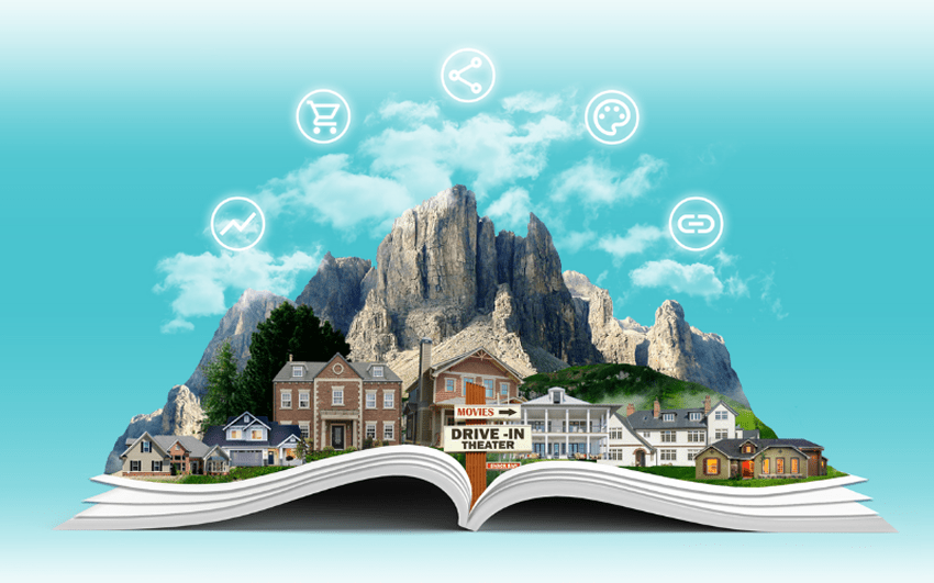 A flipbook displaying it’s own world filled with various interactive features such as links, videos,