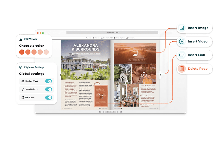 An image showcasing different features of an online flipbook