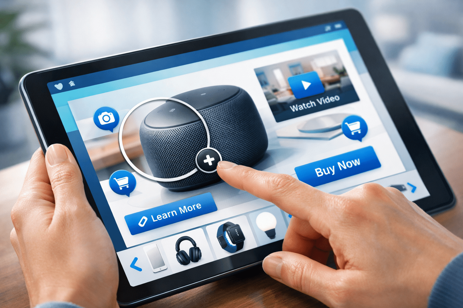 Person using a tablet to explore an interactive digital product catalog.