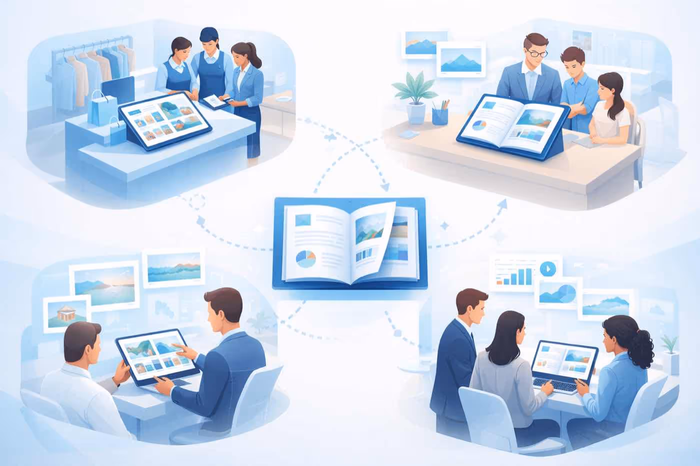 Four real-world settings using digital flipbooks: a retail store, a customer meeting, a tablet review, and a team presentation, linked around a central open flipbook.