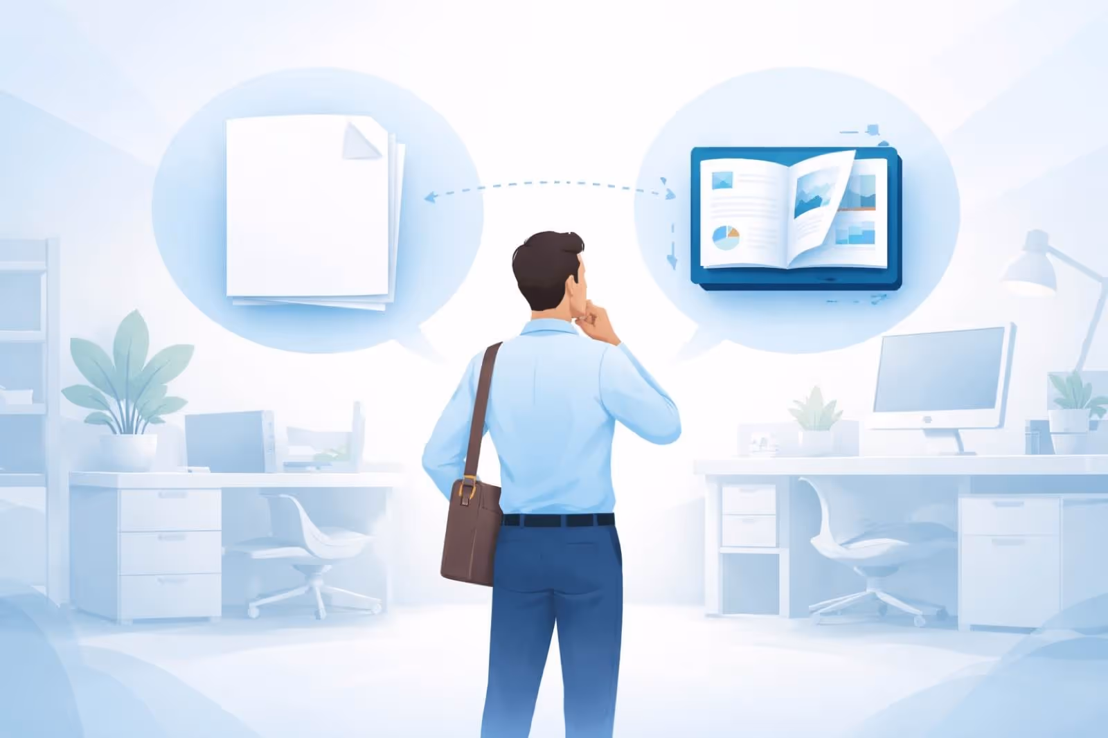 A businessman weighing a plain stack of paper documents against an interactive digital flipbook shown in two thought bubbles.