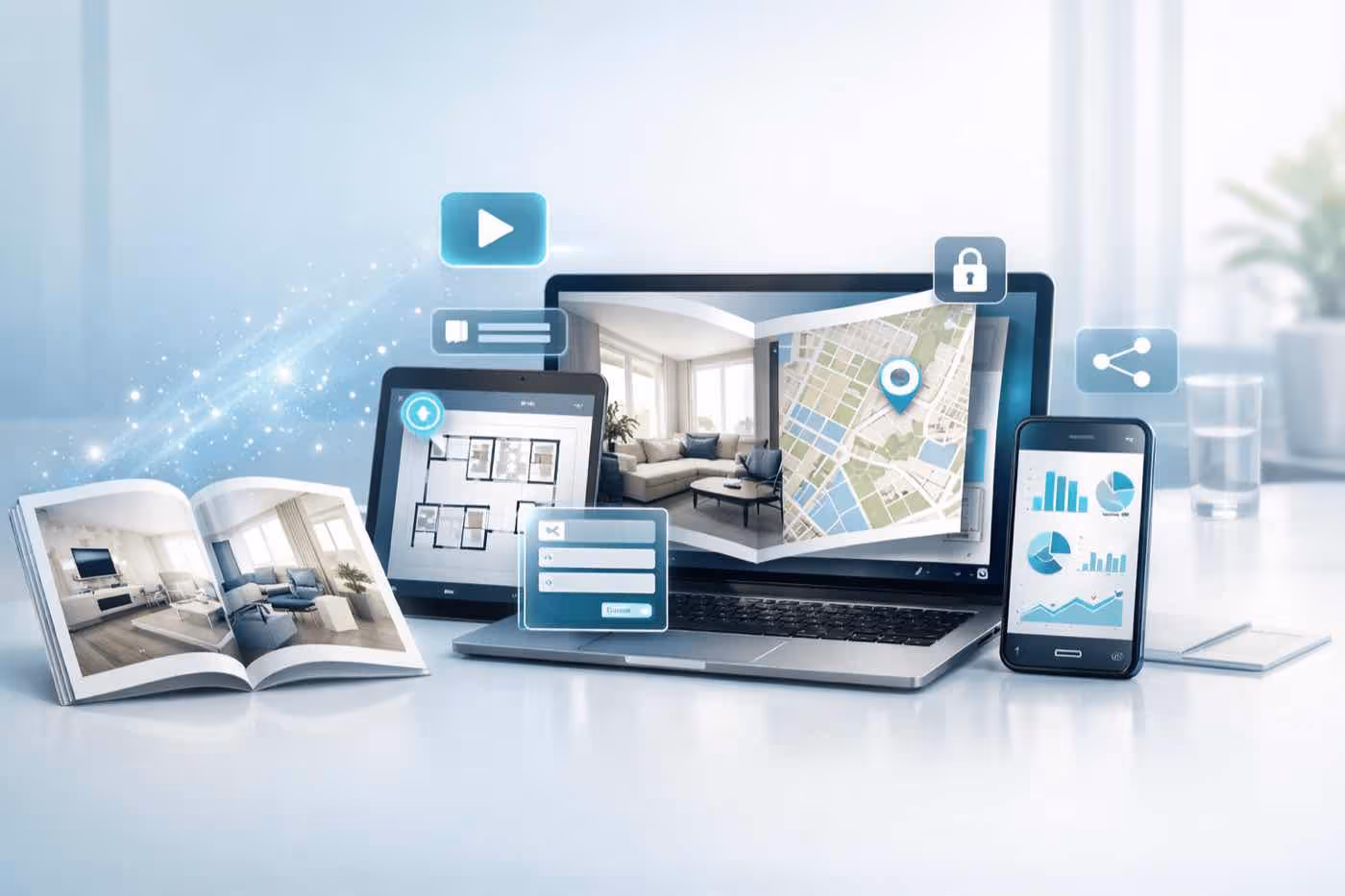 A real estate property brochure displayed as an interactive flipbook across a laptop, tablet, and phone, with floor plans, a location map, and viewing analytics. A real estate property brochure displayed as an interactive flipbook across a laptop, tablet, and phone, with floor plans, a location map, and viewing analytics.