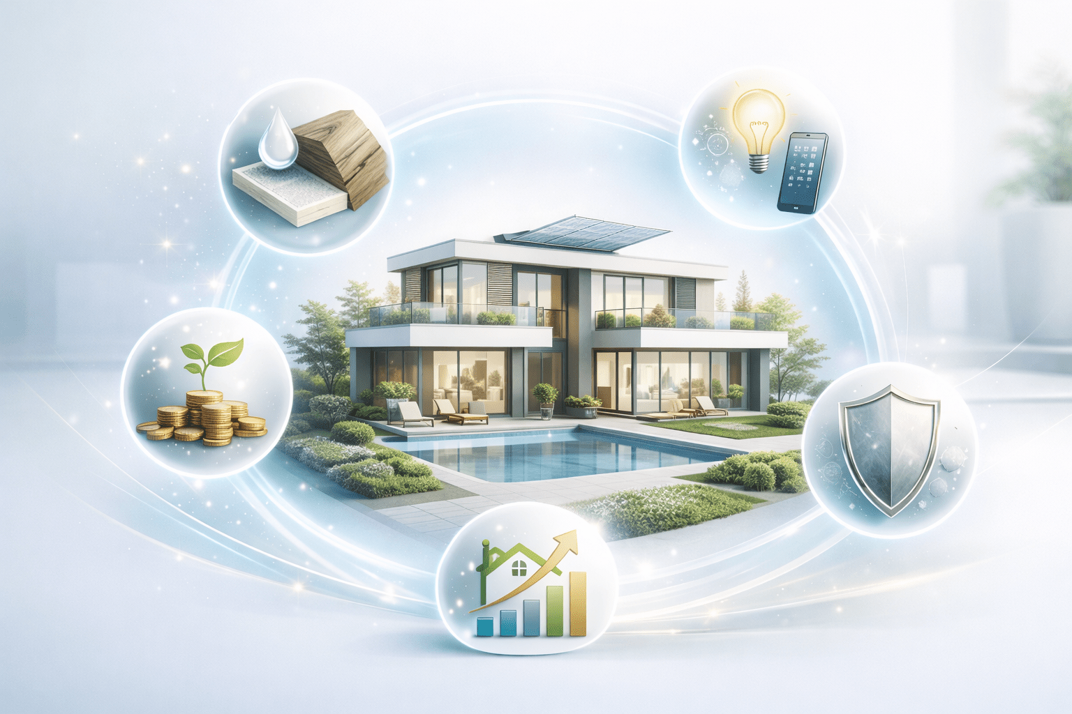 Premium real estate visual with a modern home centered in a clean interface, surrounded by distinct icons for materials, efficiency, smart design, durability, and growth.
