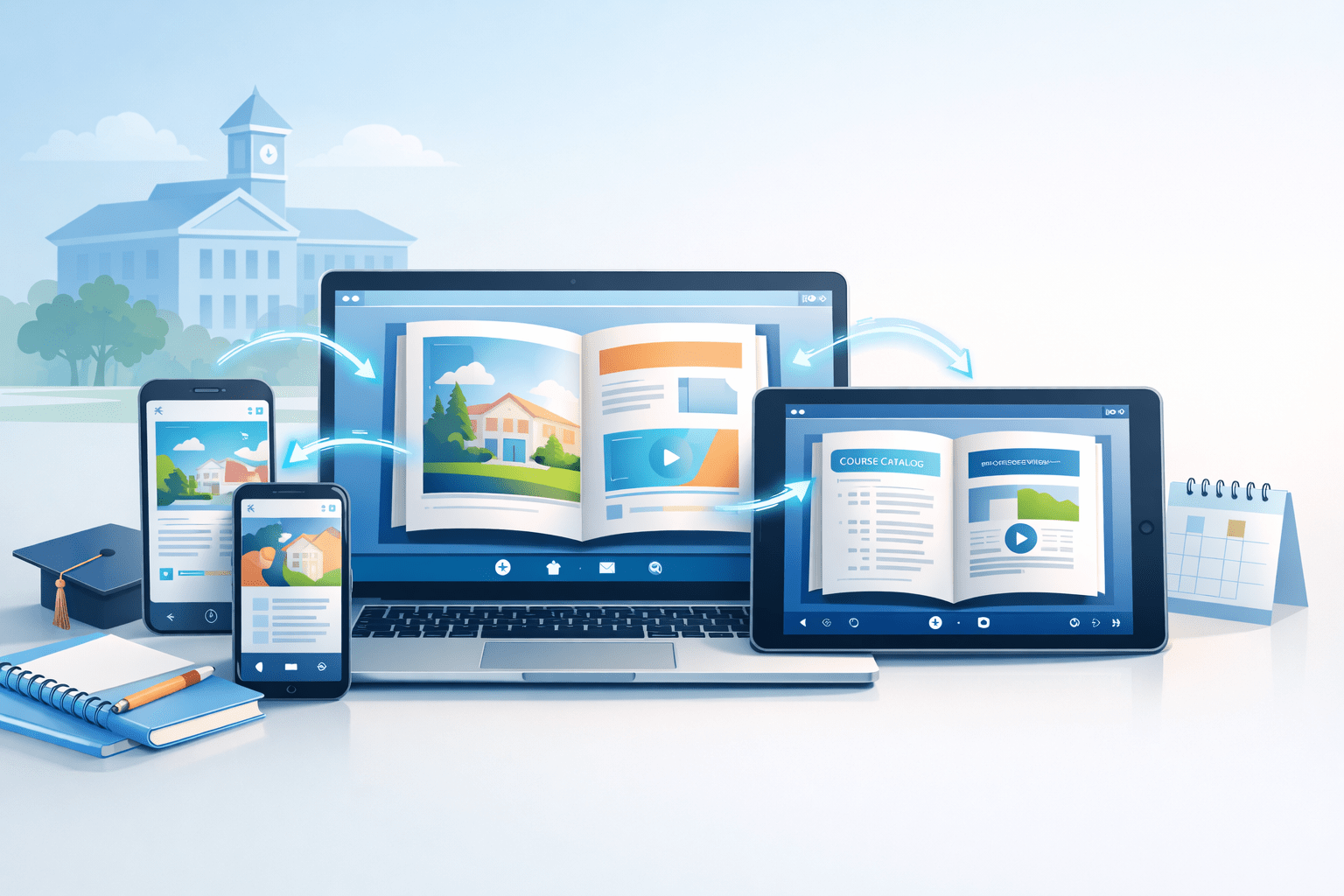 illustration of a university digital publishing setup, with a laptop, tablet, and phones showing interactive flipbooks, surrounded by subtle campus and study icons in a clean blue-toned tech style. illustration of a university digital publishing setup, with a laptop, tablet, and phones showing interactive flipbooks, surrounded by subtle campus and study icons in a clean blue-toned tech style.