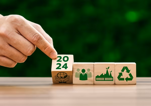 A hand reaches out to turn over one of the four boxes symbolizing environmental sustainability. A hand reaches out to turn over one of the four boxes symbolizing environmental sustainability.