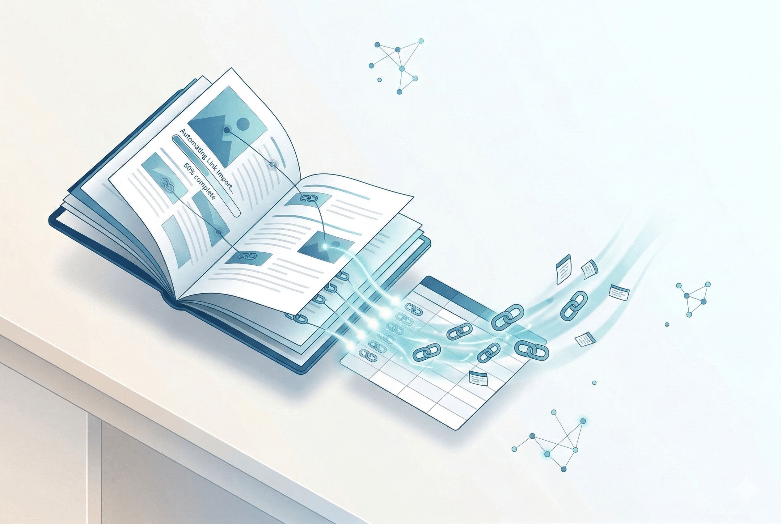 An open book with glowing data lines and link icons connecting to a nearby spreadsheet, showing an automated import process.
