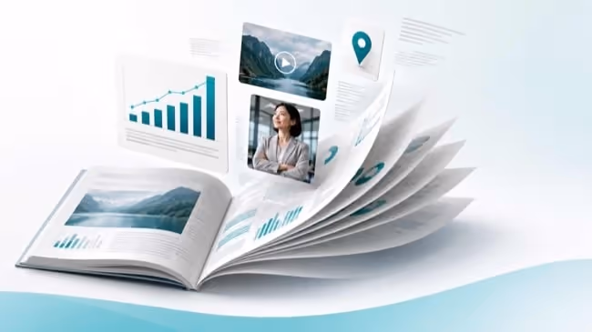 An open annual report with pages fanning upward, a teal growth chart, a video panel, a map pin and a businesswoman portrait floating above it. An open annual report with pages fanning upward, a teal growth chart, a video panel, a map pin and a businesswoman portrait floating above it.