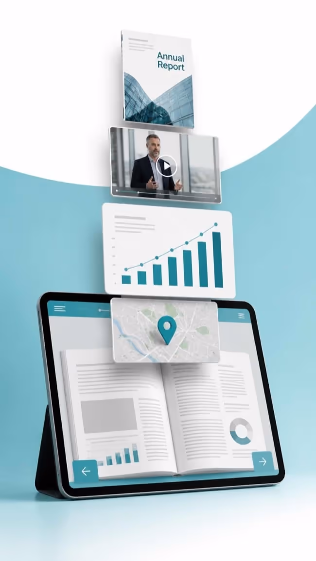 A tablet showing an annual report flipbook with a cover, a speaker video, a growth chart and a map pin stacked above the screen.