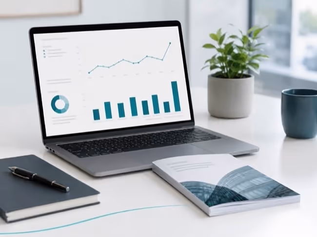 A laptop on a bright desk showing a teal analytics dashboard, beside a printed annual report, a notebook, a pen and a small plant. A laptop on a bright desk showing a teal analytics dashboard, beside a printed annual report, a notebook, a pen and a small plant.