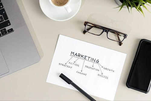 A desk with a laptop, phone, glasses, and a paper with a marketing strategy outlined on it.