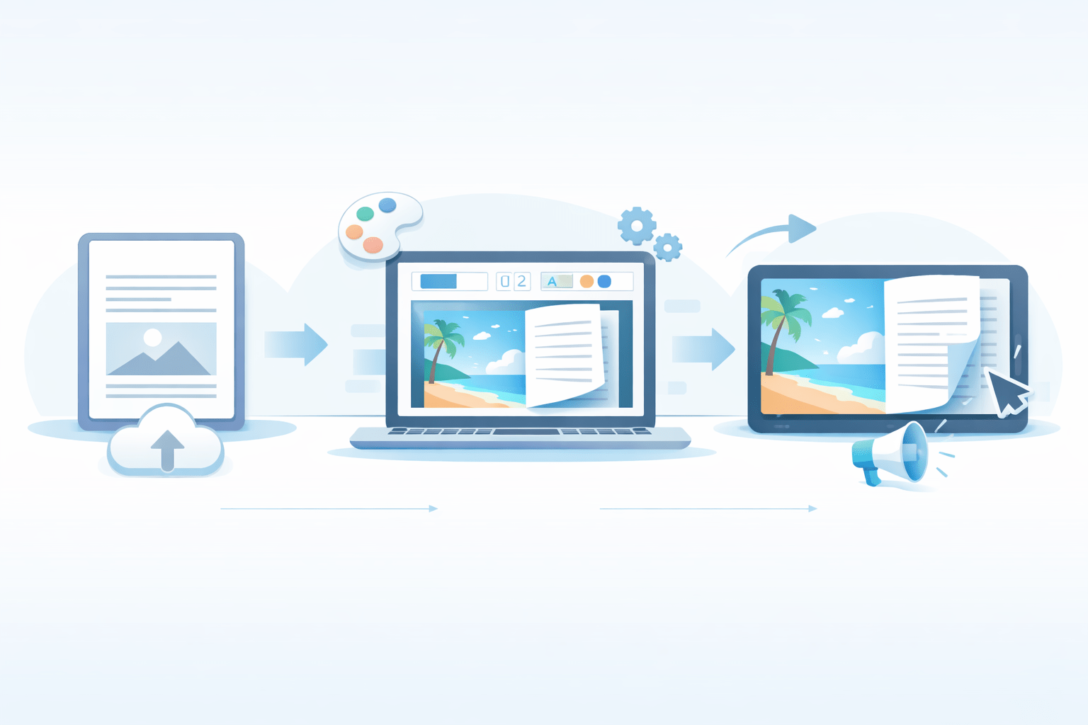 Illustration of a PDF turning into a digital flipbook across three device screens, with simple upload, customize, and publish visual cues in a clean blue-and-teal no-code SaaS style.