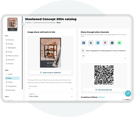 Alt text: Paperturn sharing dashboard showing options to distribute digital publications via QR code Alt text: Paperturn sharing dashboard showing options to distribute digital publications via QR code